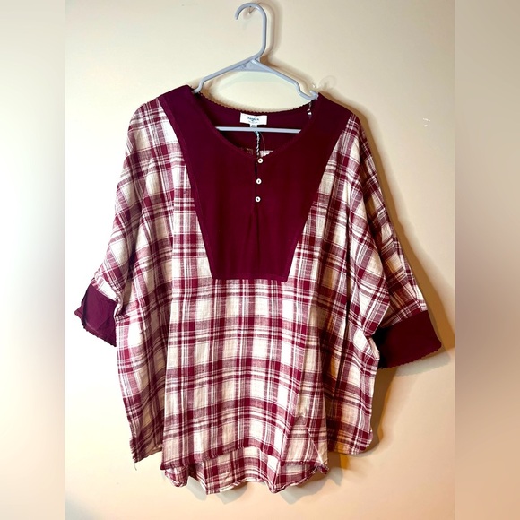 Hayden Tops - Hayden Burgundy & White Plaid Oversized Top